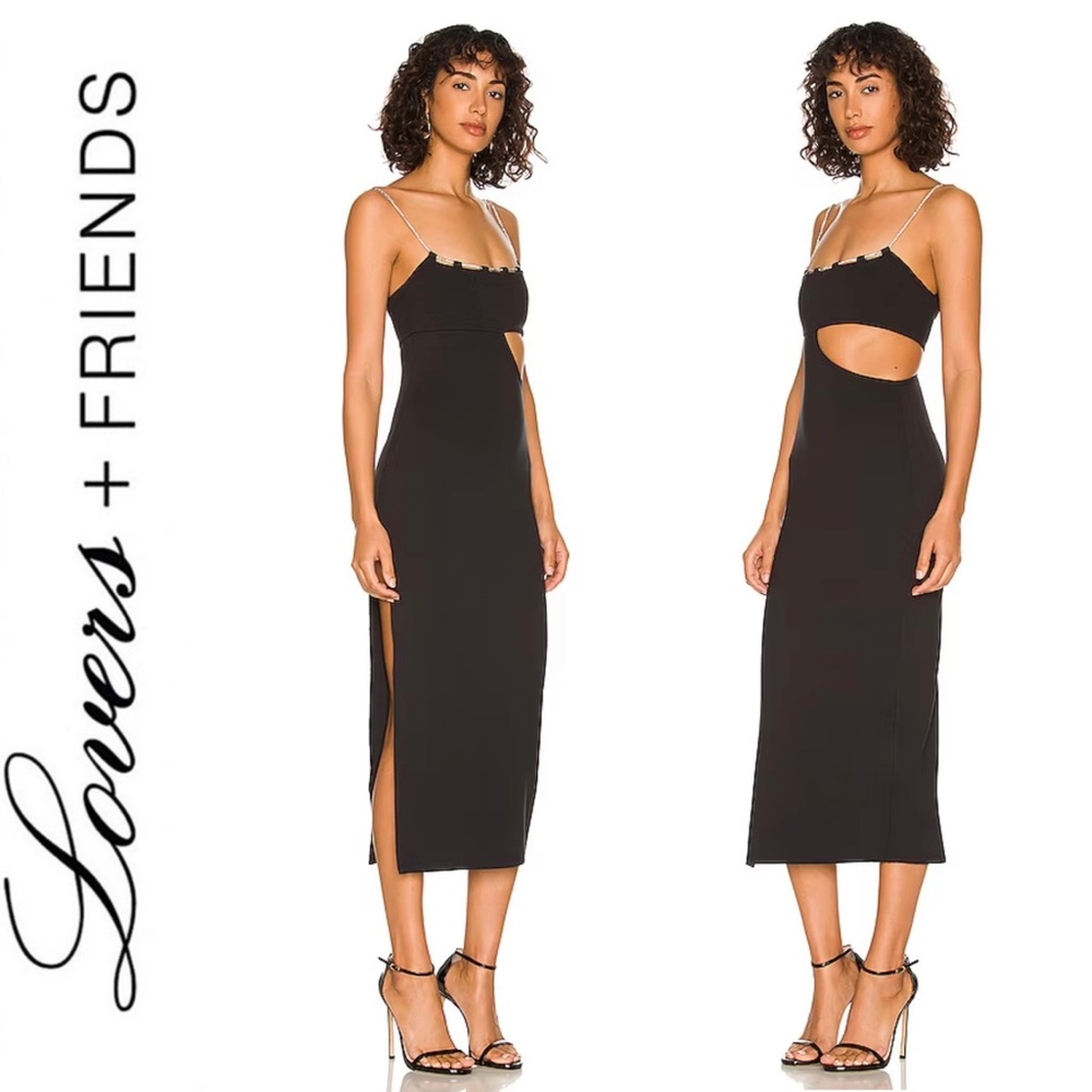 Lovers Friends Charlotte Midi Dress Black XS Crystal Cutout Cocktail Revolve - Picture 3 of 16
